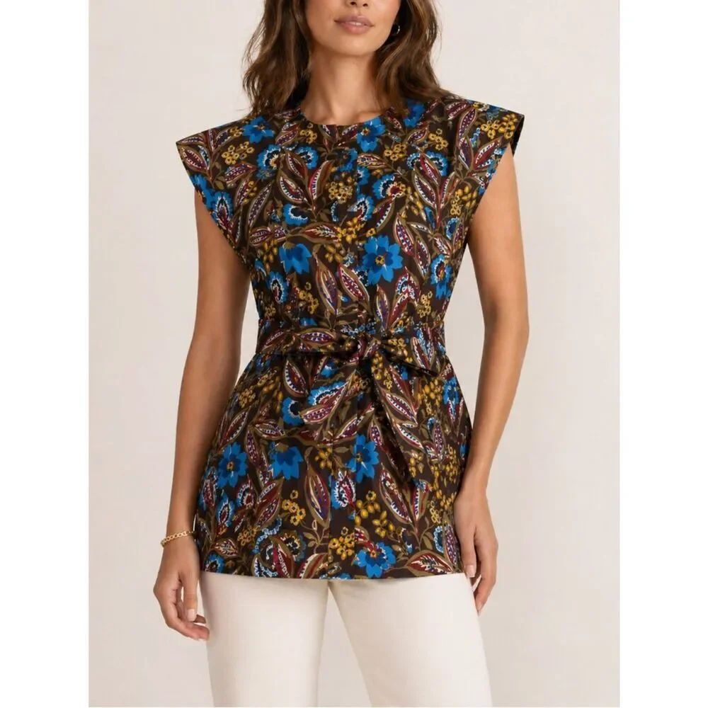 Preston & York Floral Belted Zip Front Vest Brown Blue Size 4